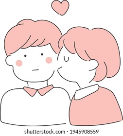 Illustration of a girl kissing a boy's cheek