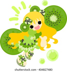 The illustration of the girl in the kiwi fruit dress