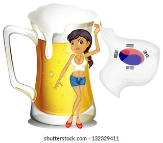Illustration of a girl with the Korean flag in front of a mug of beer on a white background