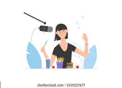 Illustration of a girl or lady video blogger making webcast mukbang and sitting at the table with different kinds of food and waving her hand. Modern flat design for landing page, website, blog.