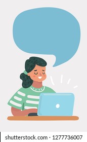 Illustration of a girl with a laptop on a white background. Speech bubble.