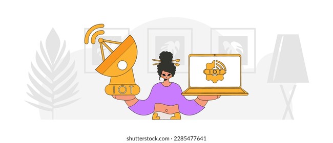 illustration Girl with laptop and sat. dish for IoT, vect. char. style illus.