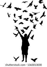 illustration with girl and large grop of doves silhouettes isolated on white background