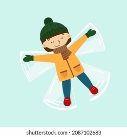 An illustration of a girl laying down making a snow angel. Winter time. Christmas season.