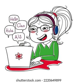 Illustration of a girl learning languages with her laptop