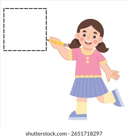 Illustration of a girl learning to trace a square shape. Illustration of geometric shapes