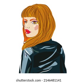 Illustration of a girl in a leather jacket. Glamorous girl glanced over her shoulder.