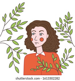 Illustration of girl in leaves. With the ability to change the line thickness.