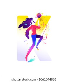 Illustration of a girl. Letter K on the background. Vector flat gradient illustration. Image for the banner of the website and print. Astronomy. Information Technology. Educational promo materials.