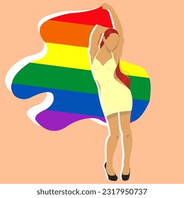 illustration of girl with lgbt flag in vector. bright drawing, symbolizing the freedom of love, feelings