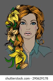 Illustration girl with lilies, cards, hand drawn