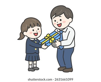 Illustration of a girl (line drawing color) giving a present to her father on Father's Day.