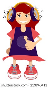 Illustration of a girl is listening to music. Simple solid fill only - no gradient, no gradient mesh.