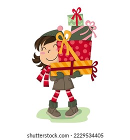 Illustration of a girl loaded with gifts for Christmas