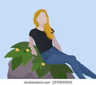 Illustration of a girl with long blond hair, in a black T-shirt and jeans, sitting on a stone. Leaves and yellow flowers are laid on top of the stone