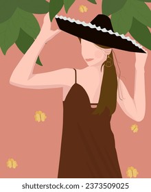 
Illustration of a girl with long brown hair puts a Mexican sombrero hat on her head, in a brown dress, round gold earrings in her ears, on a background of leaves and flowers