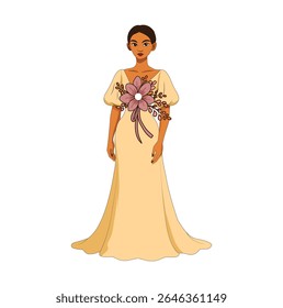 illustration of a girl in a long gown flower design dress, dress illustration, digital art