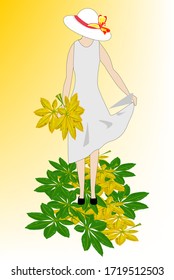 illustration of a girl, in a long gray dress, and a hat with a flower, holds a bouquet of chestnut leaves in her hand, and walks along the carpet of leaves