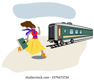 Illustration, a girl with long hair in a red jacket and yellow skirt with a suitcase in her hand runs to the train with a copy of the space.