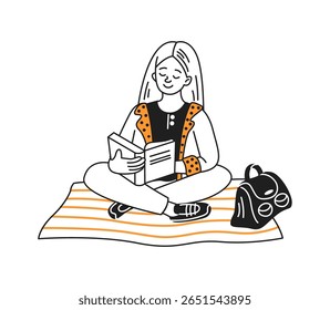 Illustration of a girl with long hair sitting crosslegged. Reading a book with a calm expression. Set on a striped blanket with a backpack beside her.