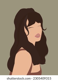 Illustration of a girl with long hair in a top. Sympathetic brown-haired woman with tender lips. Design for avatars, posters, backgrounds, templates, banners, textiles, posters, postcards.