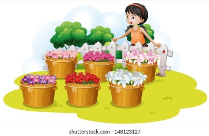 Ilustración de una chica mirando las flores de la canasta sobre un fondo blanco