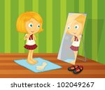 Illustration of girl looking into mirror