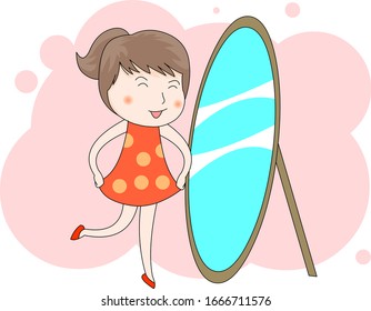 Illustration of a girl looking at the mirror and falling in love with herself.