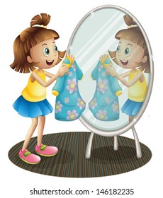 Illustration girl looking at the mirror and her dress white background 