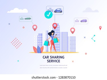 Illustration Girl Looking Nearest Location Car. Banner Vector Young Woman with Purchase Hand Using Car Sharing Service Mobile Application to Find Nearest Car Rental. Technical Specifications Transport