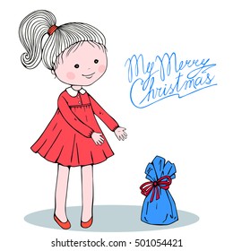 Illustration of girl looking on gift in packing. Girl pulls her hands to present and wants to take it. 
