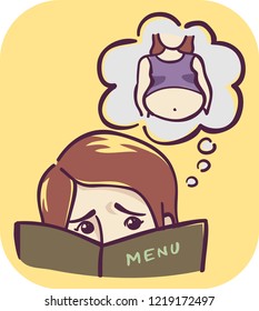 Illustration Of A Girl Looking Over A Menu And Thinking About Bloating Stomach