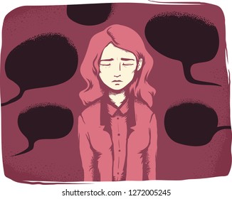 Illustration Of A Girl Looking Sad And Depressed With Dark Black Speech Bubbles Around Her. Verbal Harassment