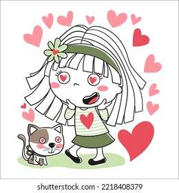 Illustration of a girl in love with her cat
