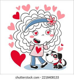 Illustration of a girl in love with her dog