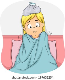 Illustration of a Girl Lying in Bed Due to Fever