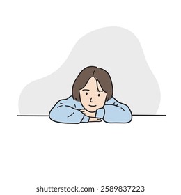 An illustration of a girl lying face down on a desk thinking. Hand drawn vector elements.
