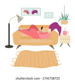 Illustration of a girl lying on a sofa and reading in a smartphone, relaxing at home, room is furnished with comfortable furniture and plants; spending time at home concept, vector illustration