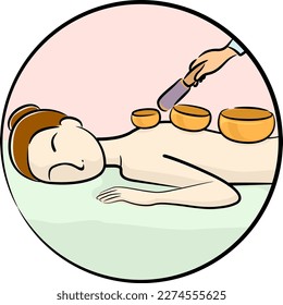 Illustration of Girl Lying in Stomach with Tibetan Singing Bowl on Her Back and Hand Holding Puja Stick for Spa Icon