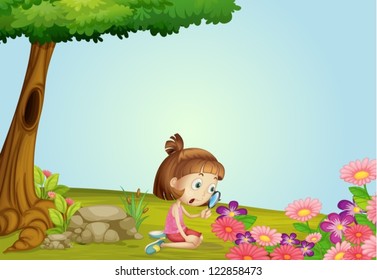 Illustration of a girl and magnifier in a beautiful nature