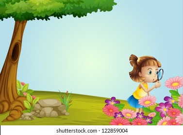 Illustration of a girl and a magnifier in a beautiful nature