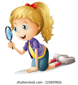 Illustration of a girl and a magnifier on a white background