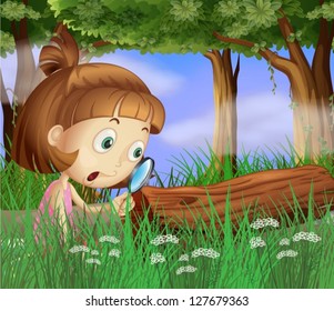 Illustration of a girl with a magnifying lens near the road