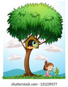 Illustration of a girl with a magnifying lens under a big tree on a white background