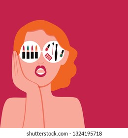 Illustration of a girl makeup artist. Flat style. Beauty blogger. For advertising, web design, signboard. 