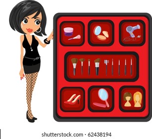 illustration of girl with makeup kit on a white background