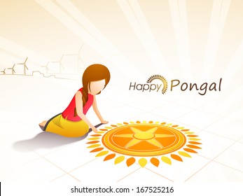 Illustration of a girl making beautiful floral design called rangoli on occasion of Happy Pongal, harvest festival celebration in South India on rays background. 