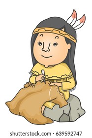 Illustration of a Girl Making Clothes Made from Animal Skins like Buffalo Skin