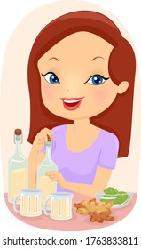 Illustration of a Girl Making DIY Ginger Beer with Ginger, Lime