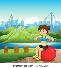 Illustration of a girl making her body fit near the river
